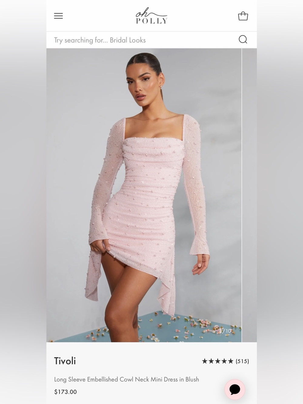 Oh Polly Tivoli Long Sleeve Embellished Cowl Neck Mini Dress in Blush